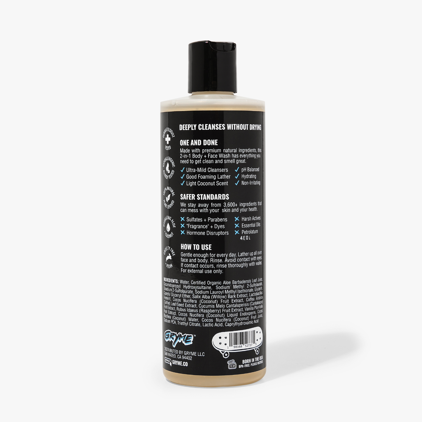 Gryme Body and Face Wash back view of the bottle label